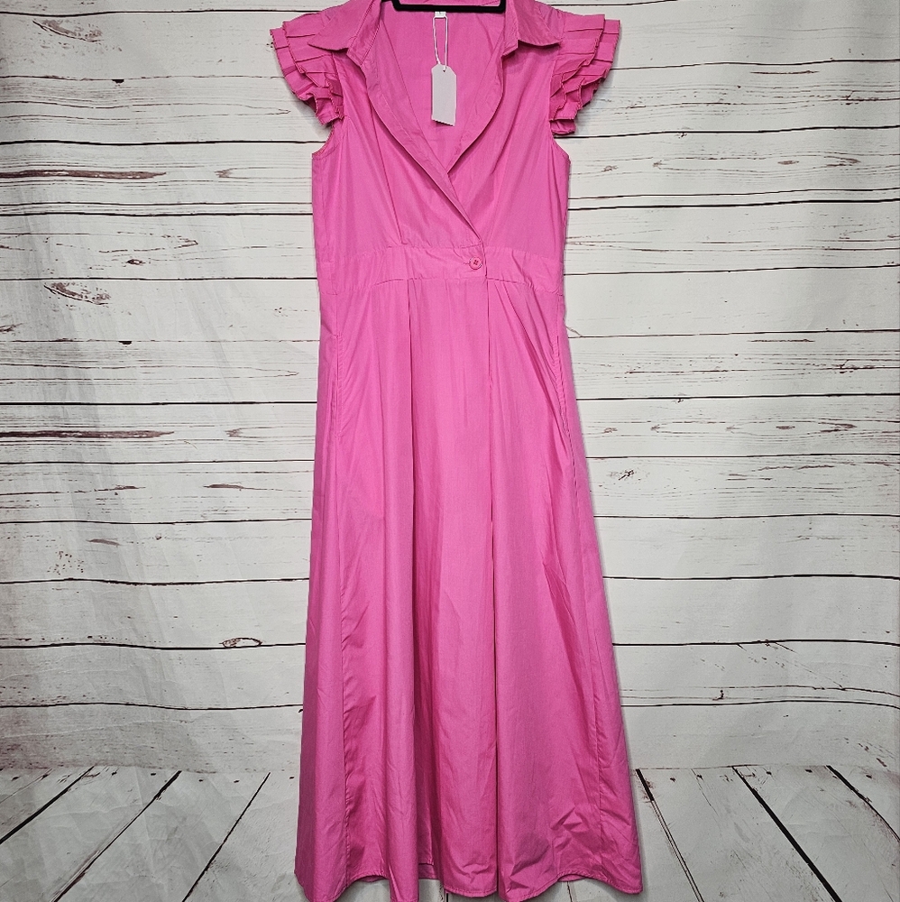 Source Unknown Hot Pink Midi Dress with Ruffle Cap Sleeves